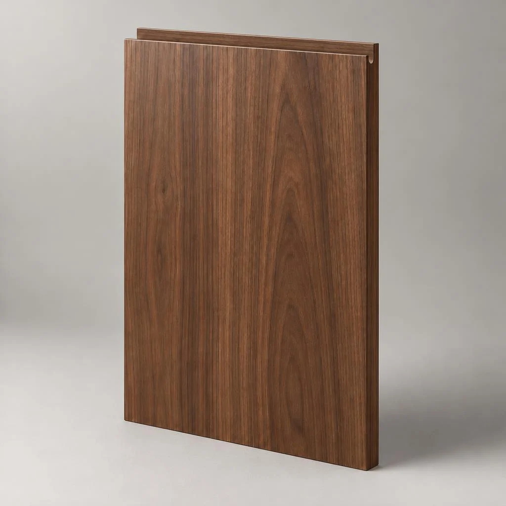 Walnut veneered J-handle door made in our Croydon factory