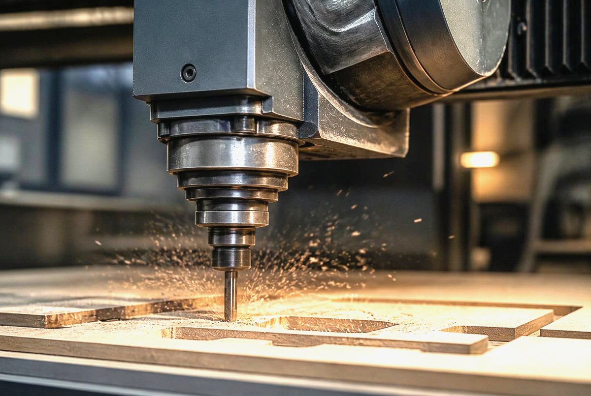 Five-axis CNC head cutting a sheet to size on the bed