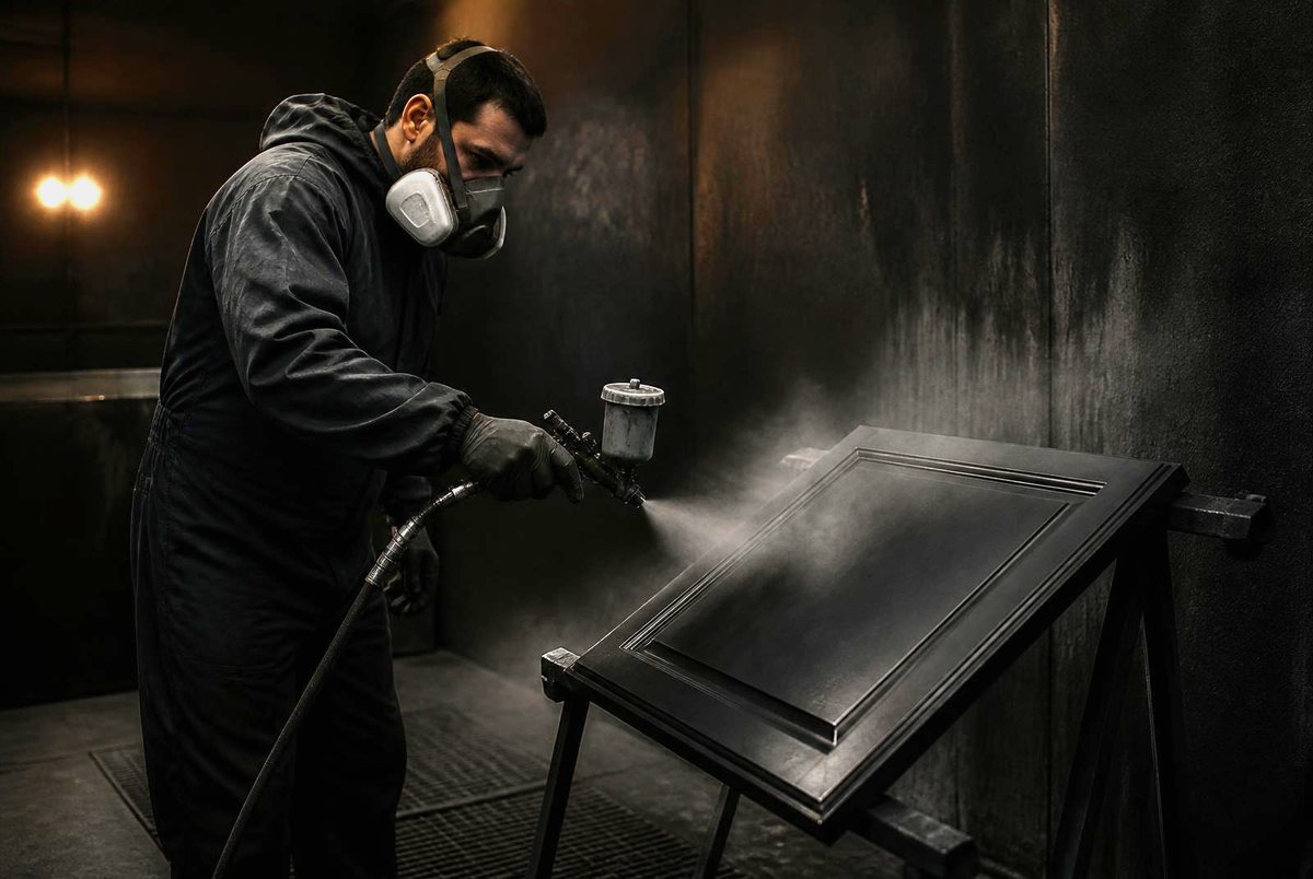 Joinery being hand sprayed in the booth