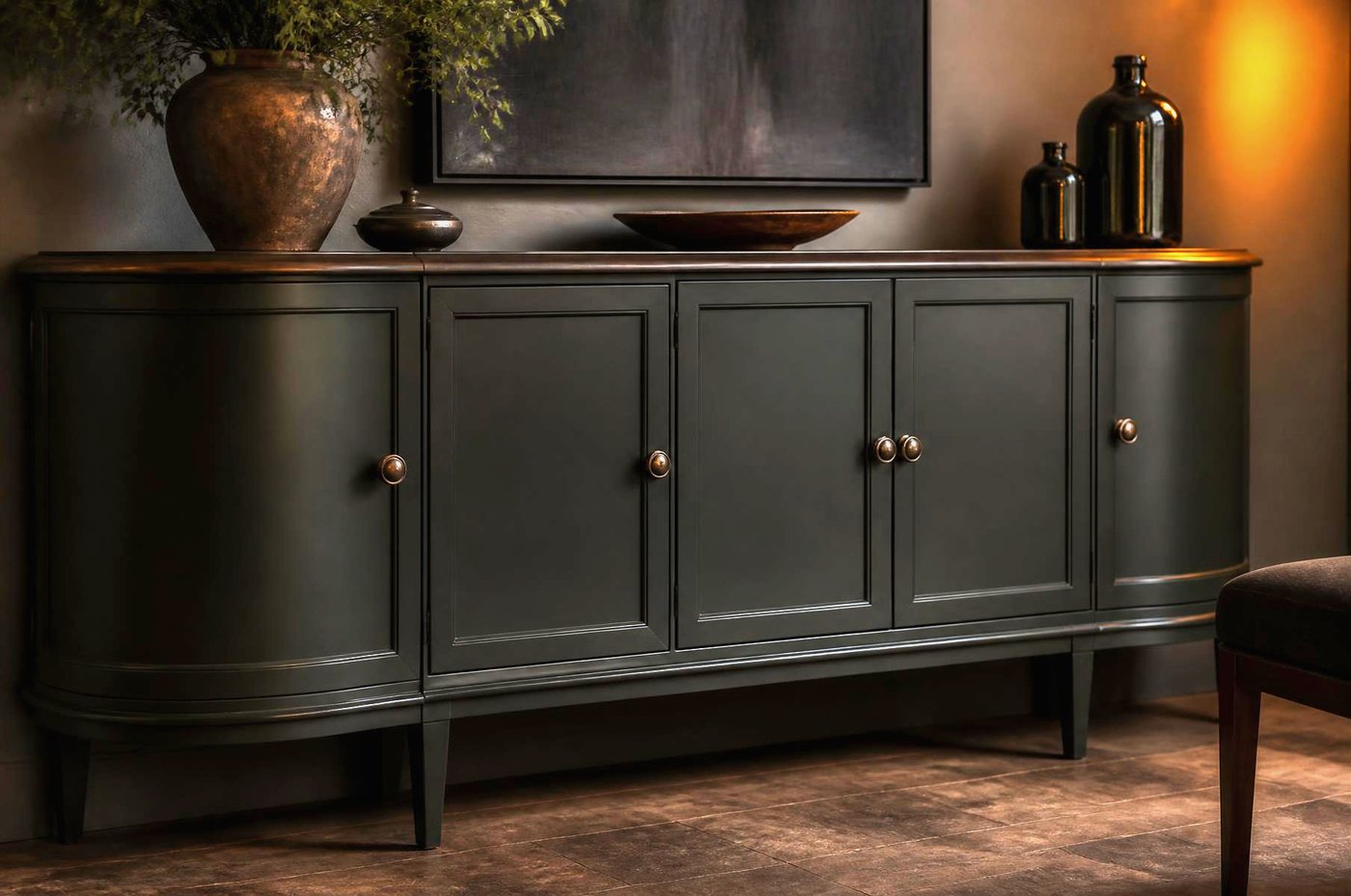 Resprayed sideboard in a deep colour with a satin clear coat