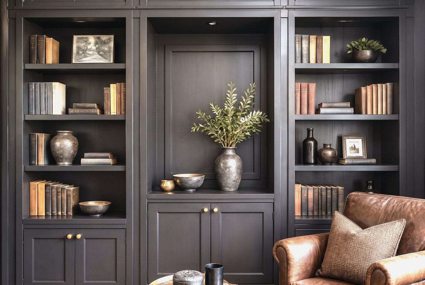 Alcove bookcases with adjustable shelves and beaded cupboard doors