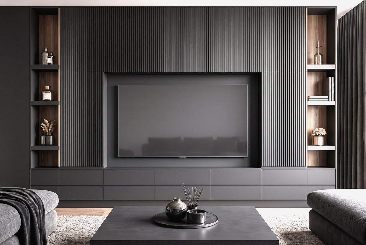 Panelled media wall with a floating oak shelf and closed base cupboards