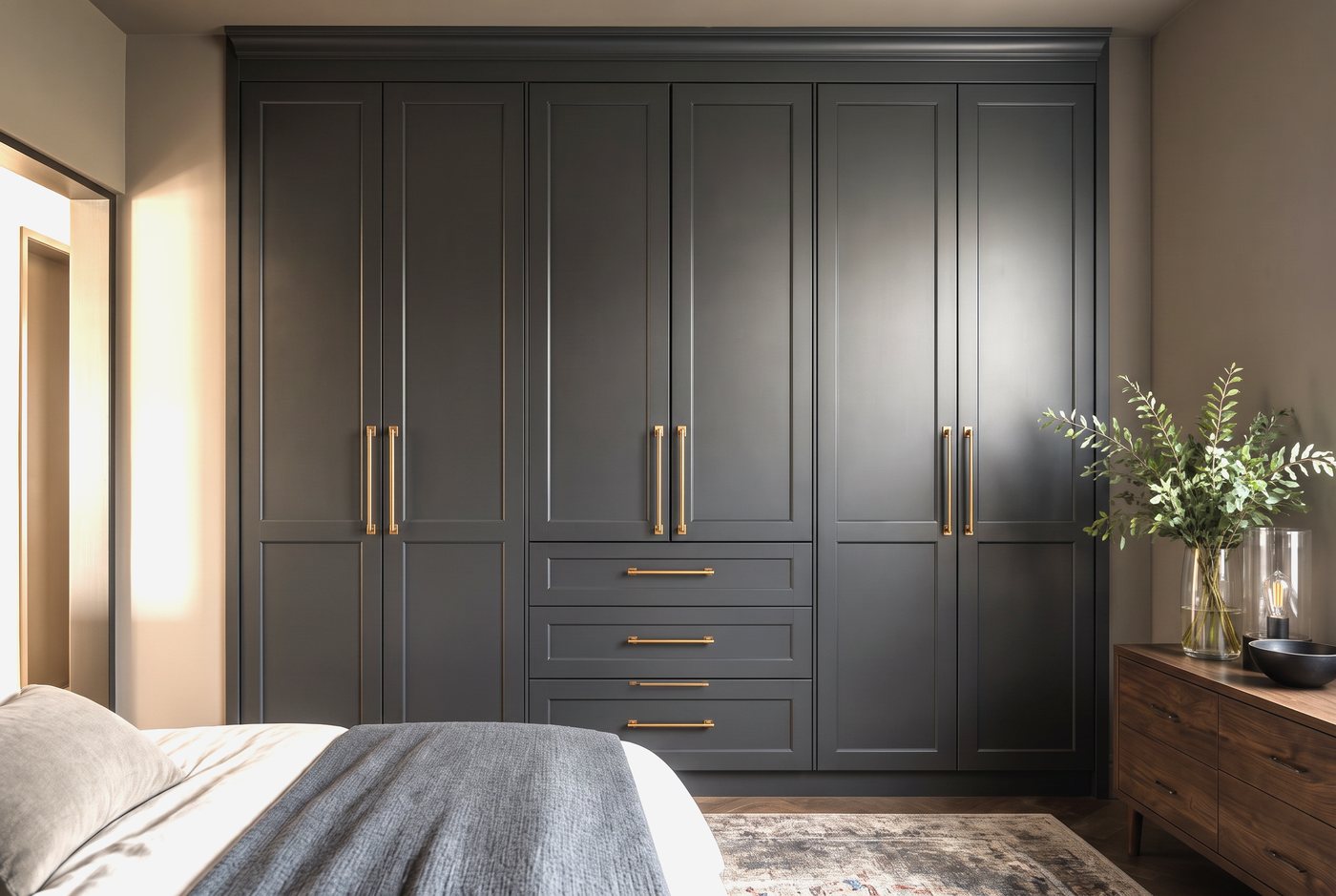 Fitted wardrobes running floor to ceiling along a bedroom wall