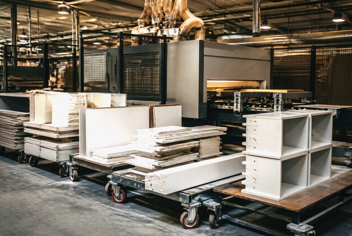 Machined and edged panels stacked on the workshop floor, ready for a trade order
