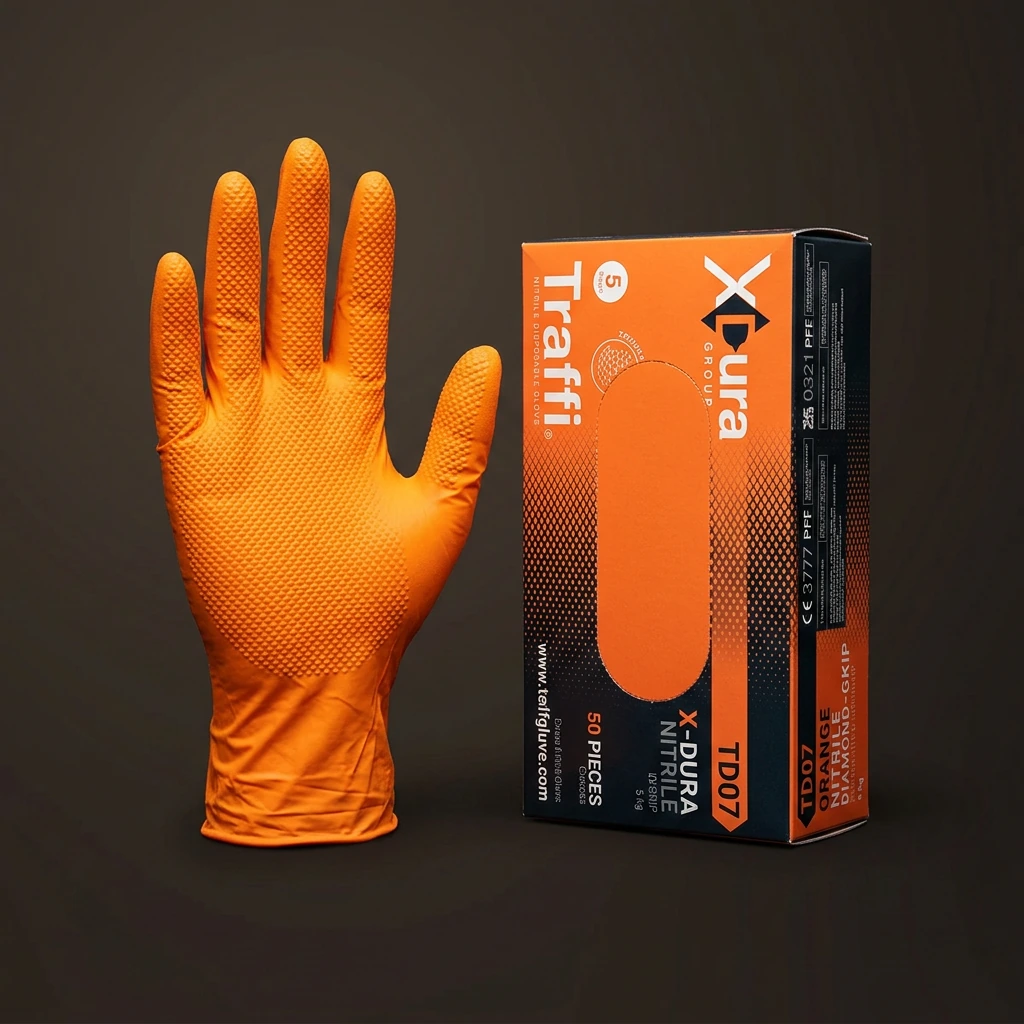 TRAFFI TD07 X-DURA Orange Nitrile Disposable Gloves