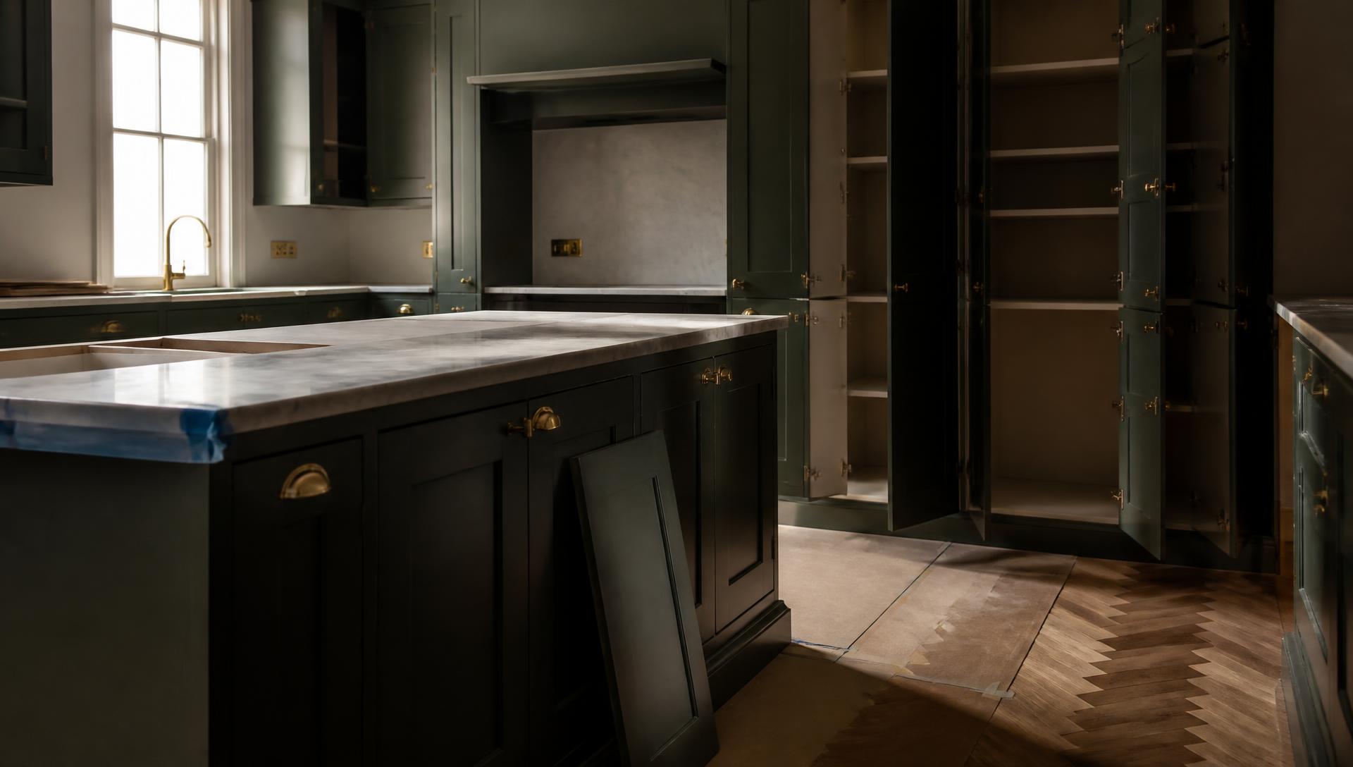 A bespoke painted kitchen part-way through being fitted, carcases in place and sprayed doors going on